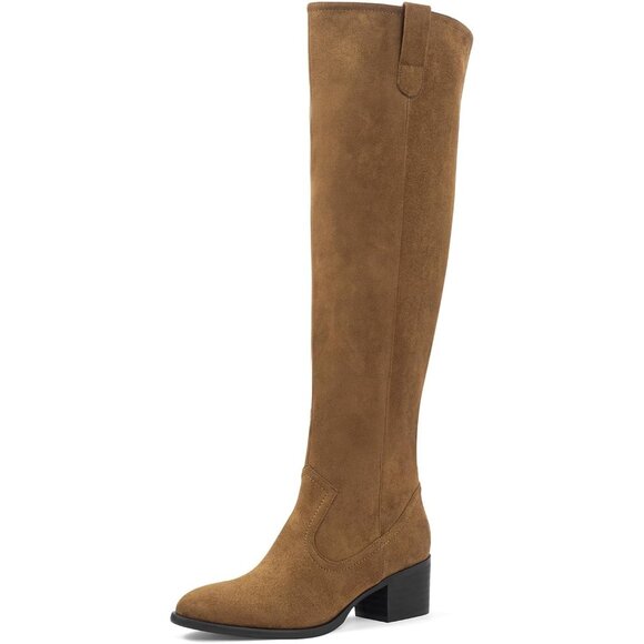 Women's Tan Faux Suede Over The Knee Thigh High Chunky Heel Pointed Toe Boots - Picture 1 of 6